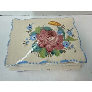 Vintage Made in Italy Pottery Trinket Box with Hand Painted Flowers